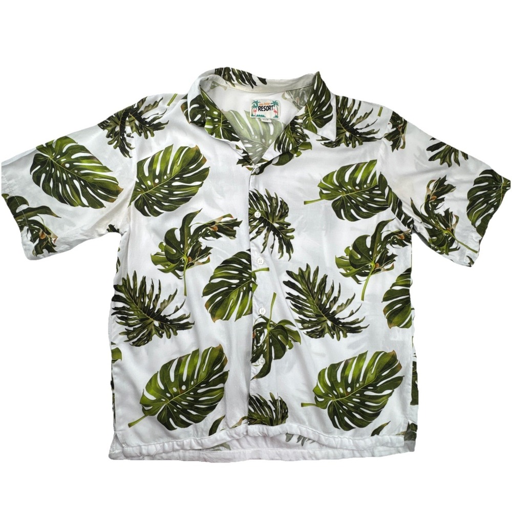 Urban Heritage Resort Monstera Leaf Tropical Camp Shirt Small White Green